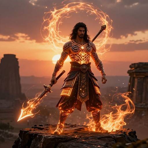 Digital artwork of a muscular, long-haired warrior with glowing armor and a flaming sword, standing on a rock against a sunset sky. Flames circle his head