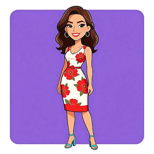 Cartoon-style drawing of a smiling woman with wavy brown hair, wearing a white floral dress, red flowers, blue heels, and hoop earrings,