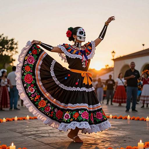 Photograph of a Mexican dancer in a colorful, floral-patterned, black dress with white lace, traditional skull makeup, performing at sunset, surrounded by