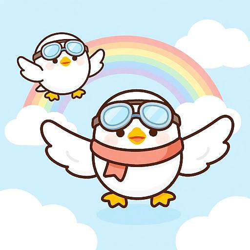 Cute cartoon penguins in goggles and pink scarves, flying with wings outstretched, under a colorful rainbow in a blue sky.