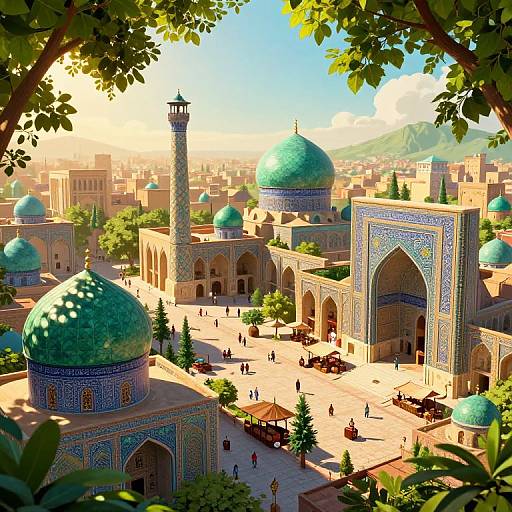 Colorful digital illustration of a vibrant, sunlit Islamic city with turquoise domes, intricate blue and white tilework, and bustling square. Leafy