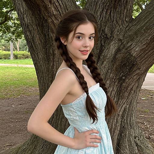 Young woman with fair skin and dark braided hair, wearing a white, sleeveless, strapless dress, stands confidently against a large tree in a