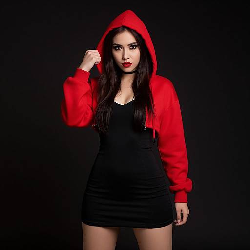 Photograph of a dark-haired woman with red hooded jacket, black dress, and red lipstick, standing against a black background.