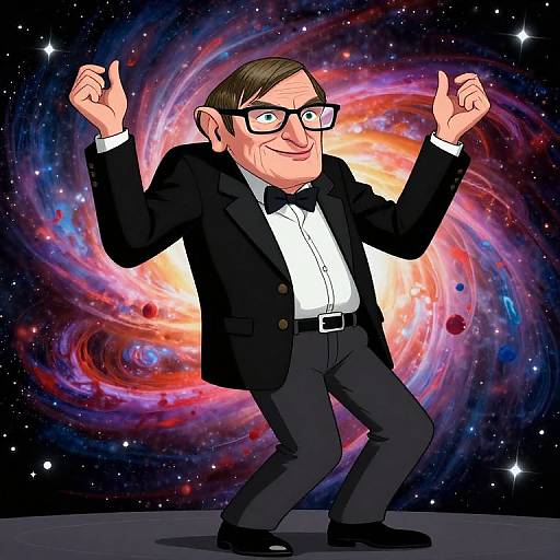 Cartoon man in black tuxedo and bowtie, with glasses, pointing enthusiastically against a colorful, swirling galaxy background. Digital art.