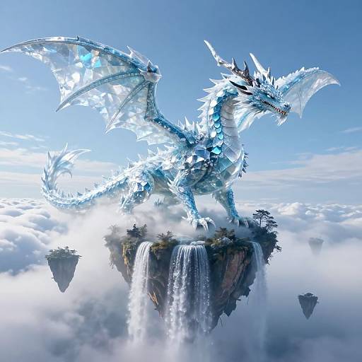 Digital artwork of a glowing blue, ice-covered dragon with wings spread, standing on a floating island with a waterfall, surrounded by clouds in a bright blue