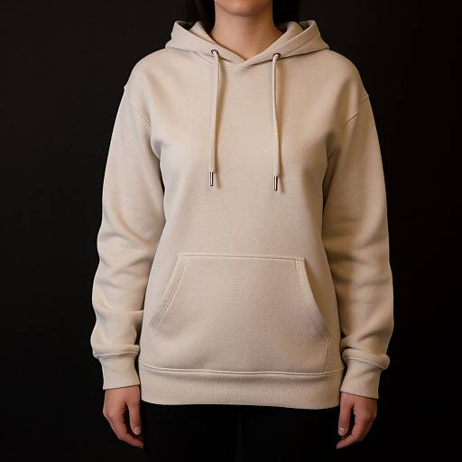 Photograph of a person wearing a plain white hoodie with drawstrings, front pocket, and black pants, against a solid black background.