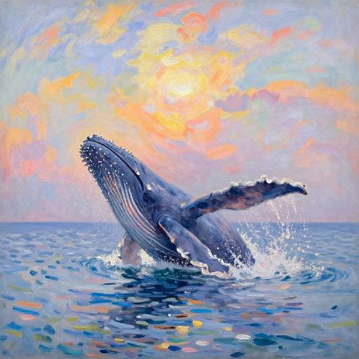 Impressionistic painting of a humpback whale breaching water, with a vibrant sunset sky of pink, orange, and yellow hues.