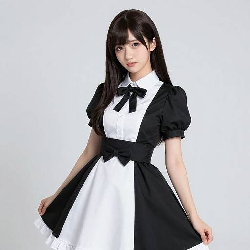 Photograph of an Asian woman with long black hair, wearing a black and white maid dress with puffed sleeves and black bow, standing against a plain