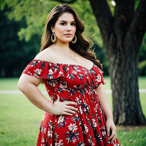 Plus Size Woman in Red Floral Dress Outdoors