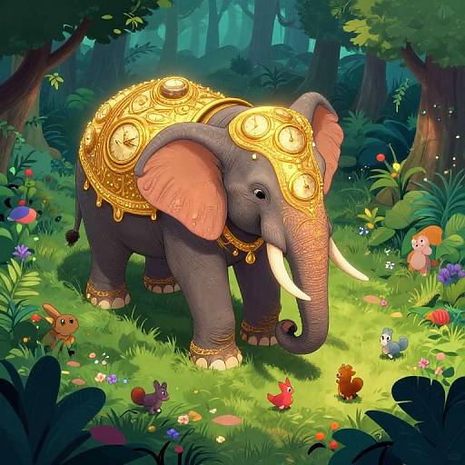 Vibrant digital illustration of an ornate, golden-embellished elephant in a lush, colorful forest with various small, animated birds and animals