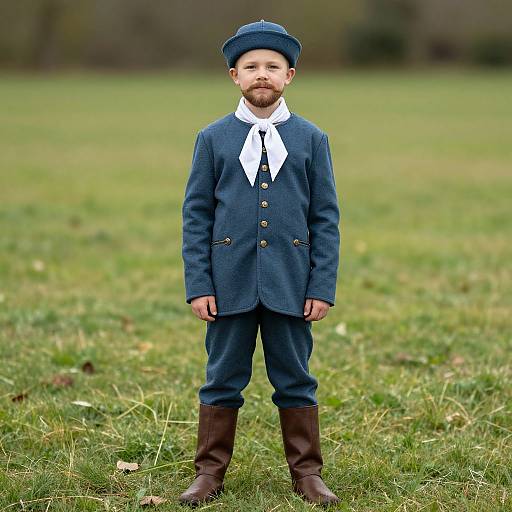 Photograph of a young boy with a beard, wearing a Victorian-style blue jacket, white cravat, navy hat, brown boots, standing on