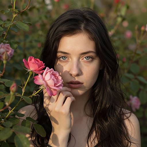 Photograph of a fair-skinned young woman with long black hair, holding a pink rose near her face, surrounded by blooming roses. Her blue