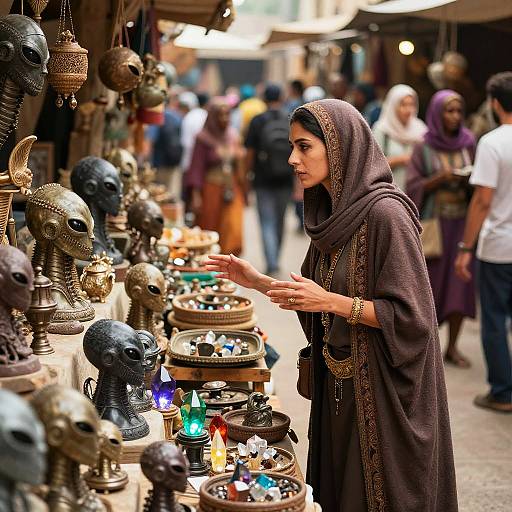Photograph of a South Asian woman in a brown, gold-trimmed hijab, browsing skull-shaped decorative items in a bustling, colorful market stall