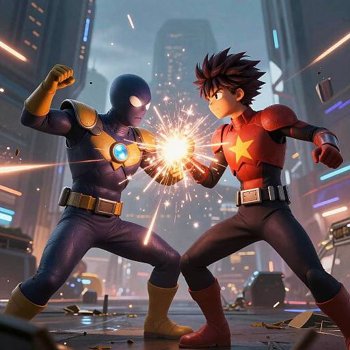 Digital CGI of two anime-style superheroes in a neon-lit city street, exchanging a bright, explosive punch, with glowing power symbols.