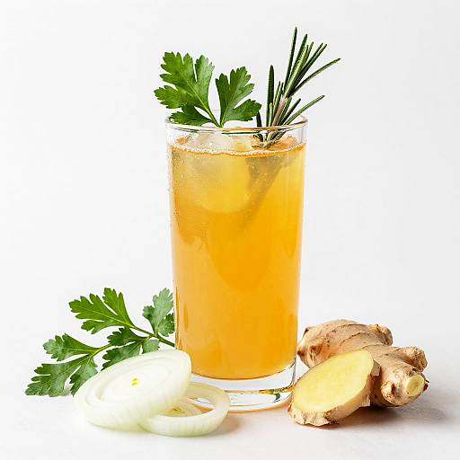 Photograph of a clear glass filled with a bright orange ginger-infused drink, garnished with a sprig of rosemary and parsley, accompanied by