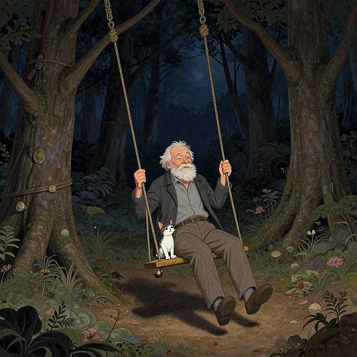 An elderly man with white beard, wearing a black jacket and gray pants, swings on a wooden seat in a dark, enchanted forest, with a white