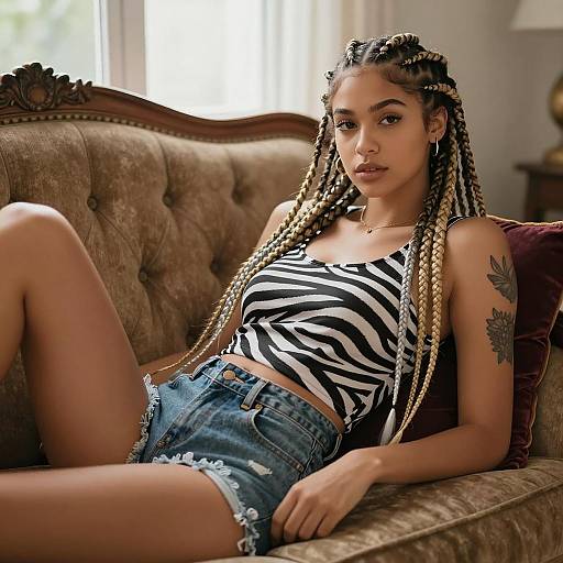 Young Woman Reclining on Vintage Couch