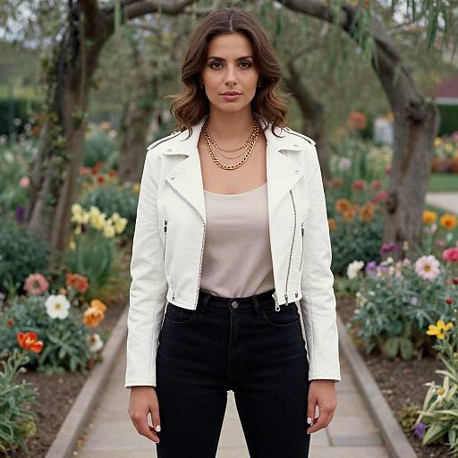 Photograph of a woman with wavy brown hair, wearing a white leather jacket, pink top, black pants, and gold necklace, standing in a