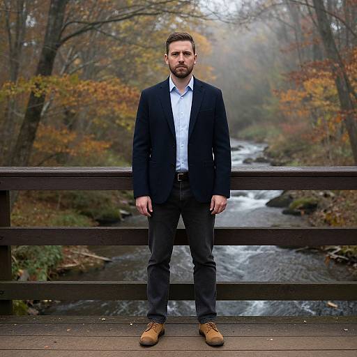 Man Standing on Wooden Bridge in Autumn Forest
