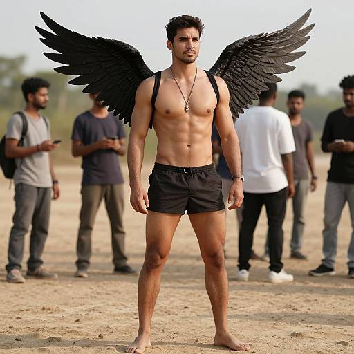 Photograph of a shirtless, muscular man with black angel wings, black shorts, and necklace, standing barefoot on sandy ground, surrounded by casually