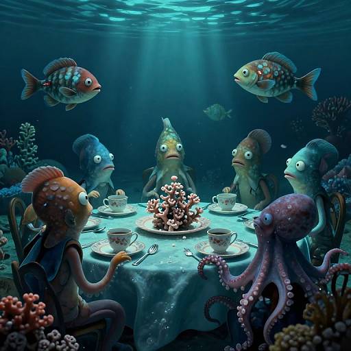 Digital illustration of six anthropomorphic fish and an octopus underwater, dining at a table with teacups and a coral centerpiece. Fish have human-like
