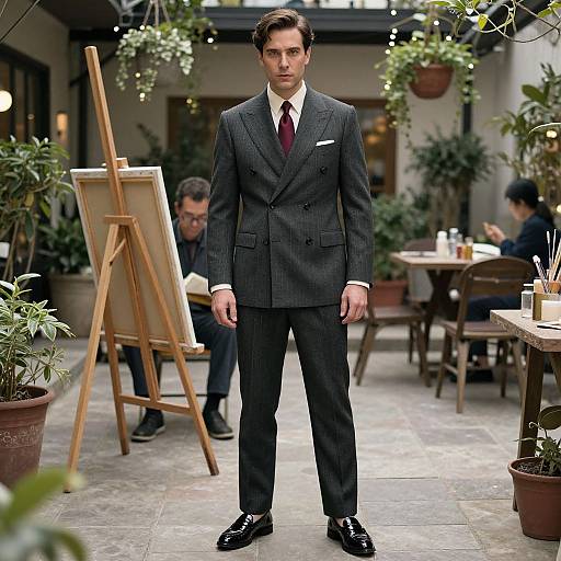 Man in Pinstripe Suit in Courtyard