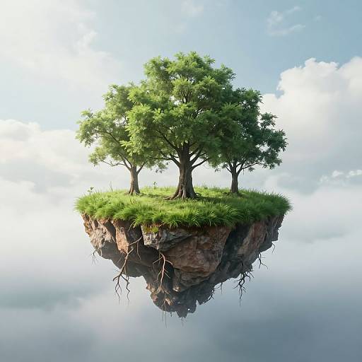 Photorealistic digital artwork of a small, floating island with three green-leaved trees, grass, and exposed roots, reflected in calm water beneath a