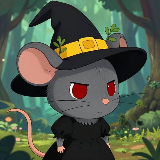 Cartoon Mouse Witch in Magical Forest