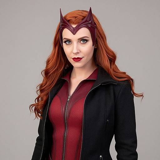 CGI image of a woman with long red hair, wearing a dark maroon bodysuit, black jacket, and purple headpiece, against a