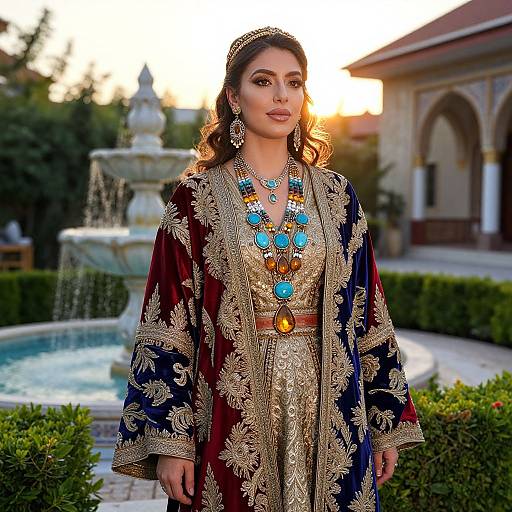 Photograph of a South Asian woman with dark hair in an ornate, gold-embroidered dark blue and red robe, adorned with turquoise jewelry