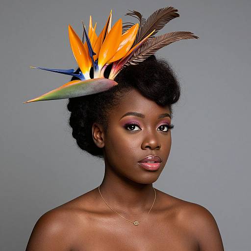Photograph of a dark-skinned woman with afro hairstyle, wearing vibrant bird-of-paradise feather headpiece, pink eyeshadow, and