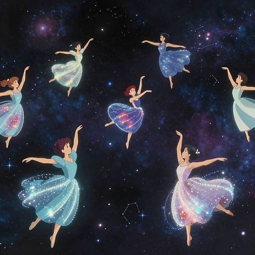 Digital artwork of seven ethereal ballerinas in glowing blue and white dresses dancing in a starry, cosmic space.
