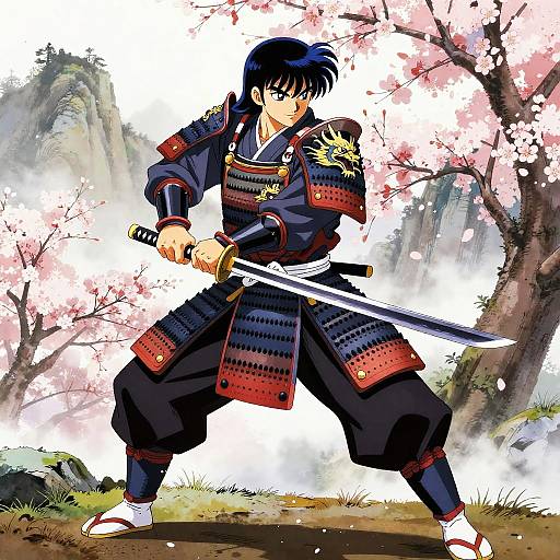 Anime-style drawing of a samurai warrior with black hair, blue eyes, wearing traditional armor, holding a sword, standing amidst cherry blossom trees.