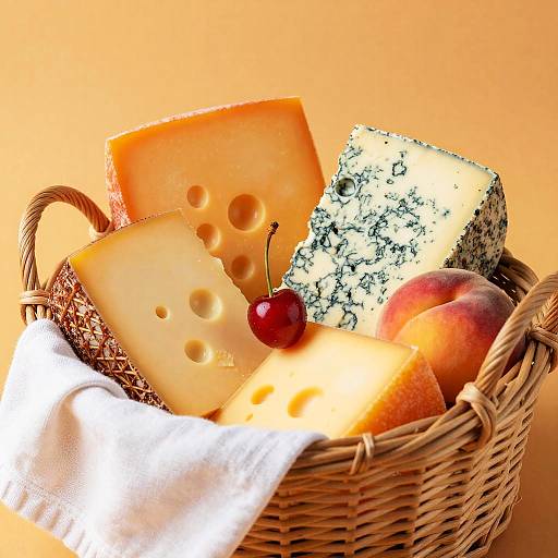 Basket of assorted cheeses and fruits