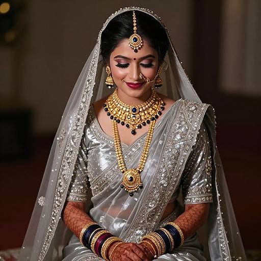 Photograph of a South Asian bride in a silver embroidered saree, adorned with gold jewelry, red bindi, and veil, sitting gracefully against a