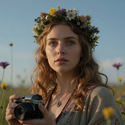 Photograph of a young woman with wavy brown hair, wearing a floral crown and a bohemian dress, holding a vintage camera in a field