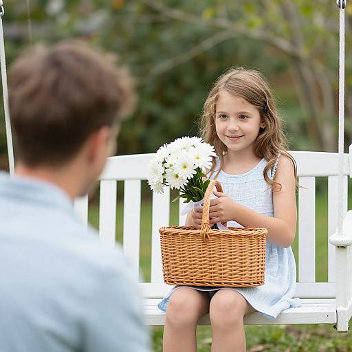 Photograph of a young girl with long brown hair in a white dress, smiling while holding a wicker basket with white flowers, sitting on a white