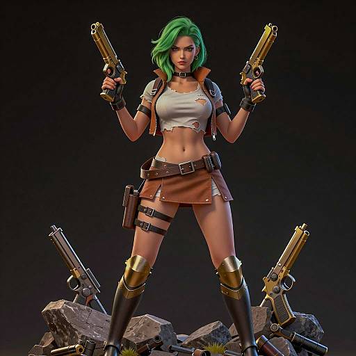 Fierce Warrior Woman with Gold Pistols