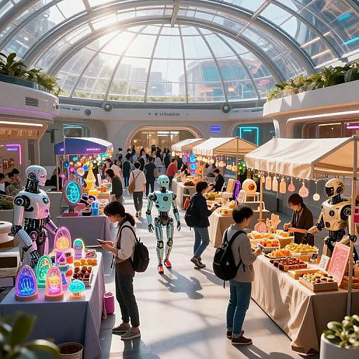 Photograph of a bustling indoor market with a glass dome ceiling, neon-lit stalls, robot vendors, and diverse shoppers browsing colorful goods.
