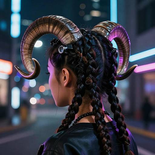Night city street photograph of a woman with black braided hair, large metallic ram horns, and black leather jacket, illuminated by neon lights.