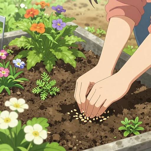 Digital anime-style illustration of a person's hands planting seeds in a garden bed, surrounded by colorful flowers and green foliage.