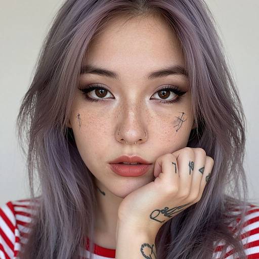 Photograph of a young woman with pale skin, purple hair, freckles, tattoos, nose ring, and black eyeliner, resting chin on