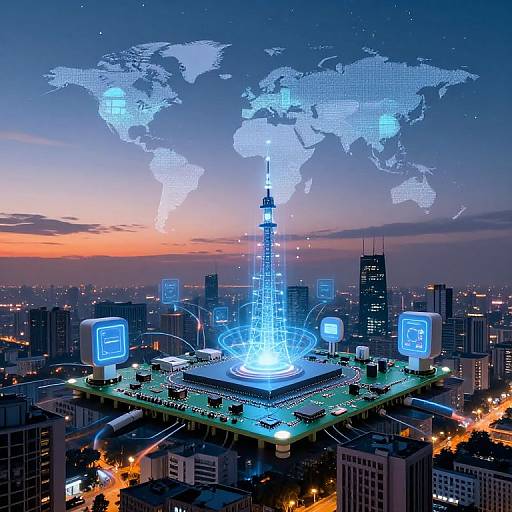 Digital illustration of a cityscape at sunset with a glowing, blue-lit tower at its center, connected to holographic world map and floating screens.