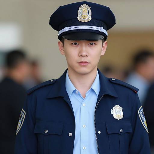 Photograph of a young Asian male police officer with fair skin, wearing a black uniform, blue shirt, and black hat, standing in a blurred indoor