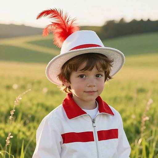 Boy in Sunny Meadow with Red Feather