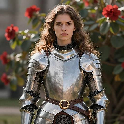 Photograph of a serious, fair-skinned woman with long brown hair, wearing shiny silver medieval armor, standing in front of blooming red flowers.