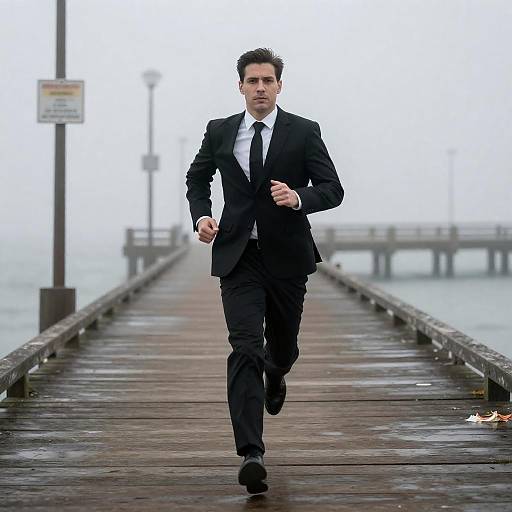 Man in Suit Running on Foggy Pier