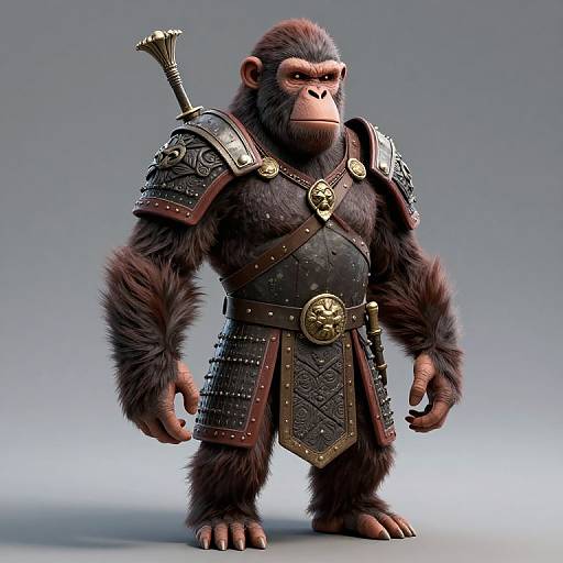 CGI image of a muscular, anthropomorphic baboon warrior with dark fur, wearing detailed medieval-style armor, including shoulder pauldrons and a belt