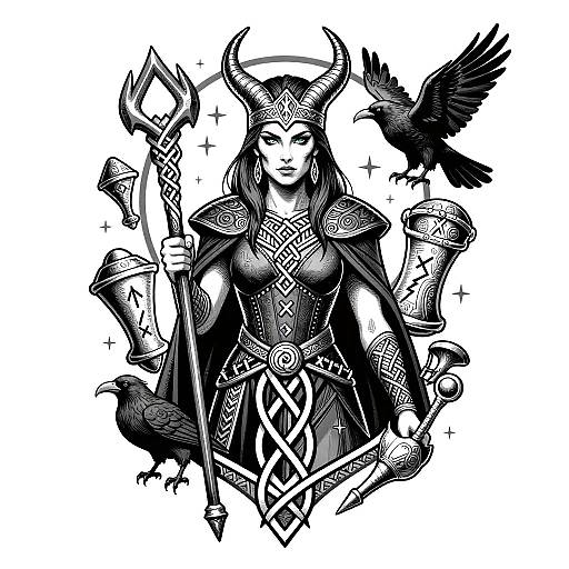 Fierce Viking Witch Tattoo Design