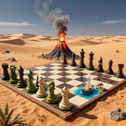 Photorealistic CGI: Chessboard in desert with black and green pieces, volcano erupting behind, smoke rising, small boat in blue water square.